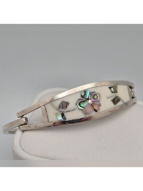 Vintage Alpaca Mexico Abalone & Mother-of-Pearl Flower Cuff Bracelet White